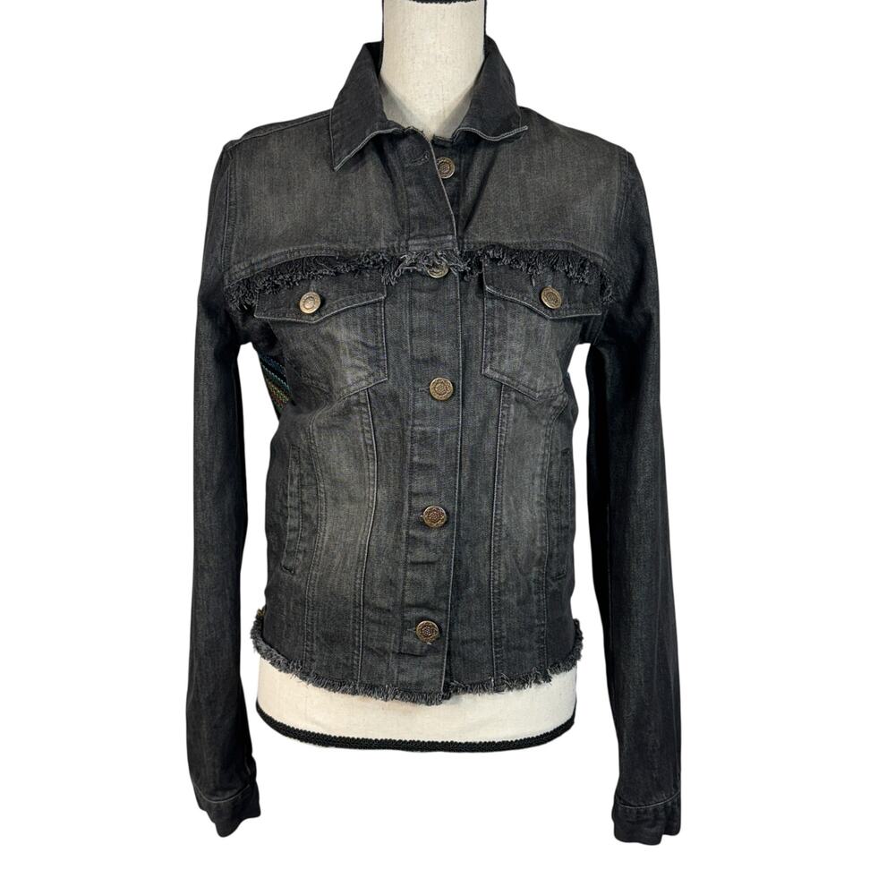 Judith March Medium Denim Jacket Button-Up Embroidered Skull Frayed Hems Pockets